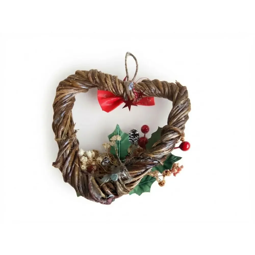 Rustic Christmas Twig Wreath Ornament, Small Holiday Wall Decor with Red Bow